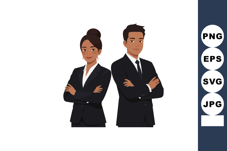 Businessman and businesswoman standing confidently with arms