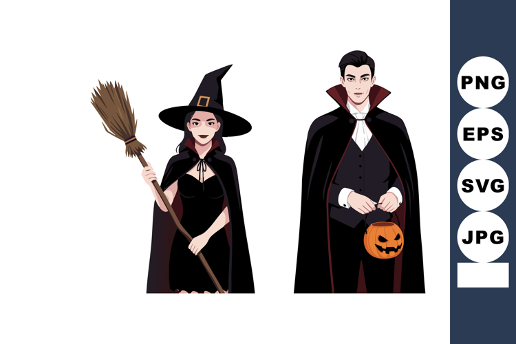 Witch and vampire couple in Halloween costumes holding broom