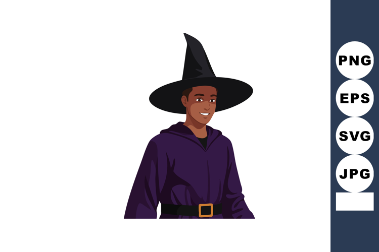 Young man wearing purple robe and black witch hat costume ve