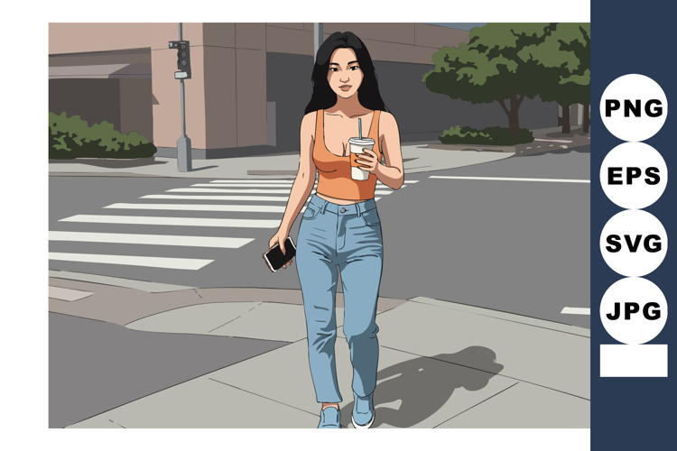 Young woman walking holding drink and phone on urban street