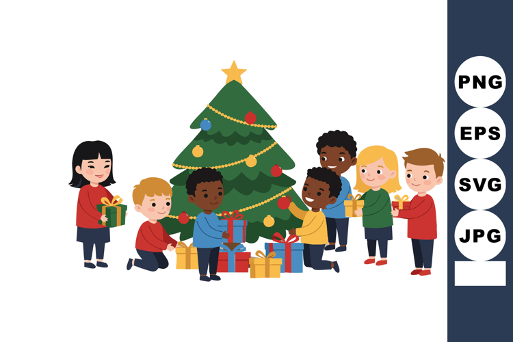 Diverse Children Gathering Around Christmas Tree with Gifts