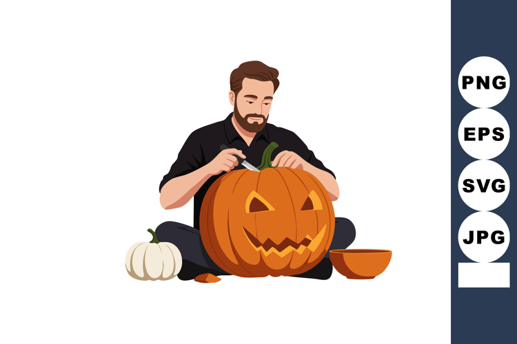 Man carving large orange pumpkin for Halloween decoration wi