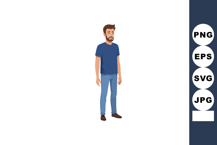 Standing young man with beard wearing blue t-shirt and jeans
