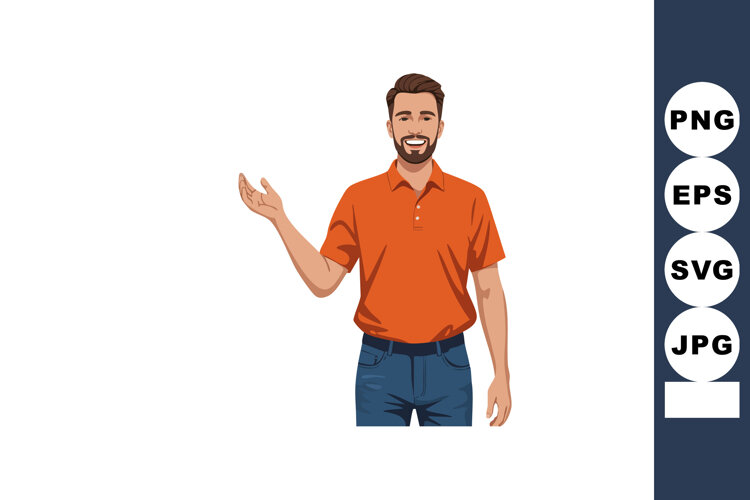 Man in orange shirt waving hand casual gesture friendly illu example image 1