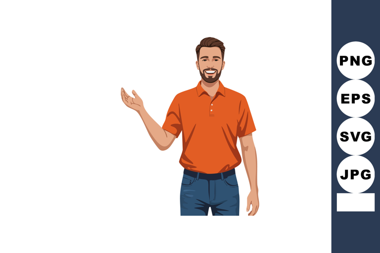 Man in orange shirt waving hand casual gesture friendly illu