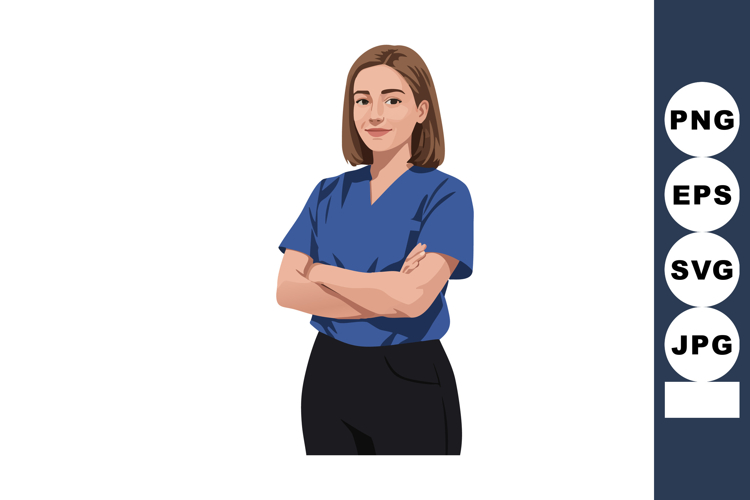 Confident woman in blue shirt standing with crossed arms vec