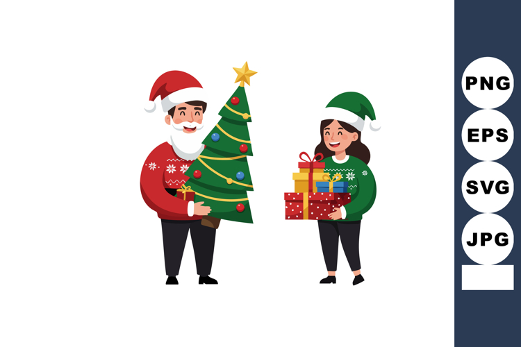 Elderly man holding Christmas tree and woman with gifts in f