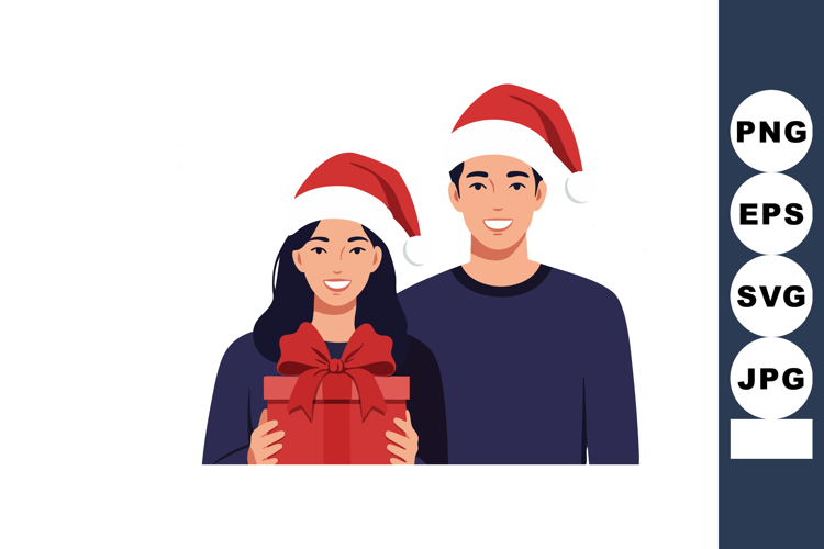 Couple wearing Santa hats holding red gift box during Christ