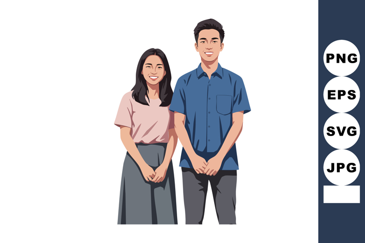 Young man and woman standing together casual clothing digita