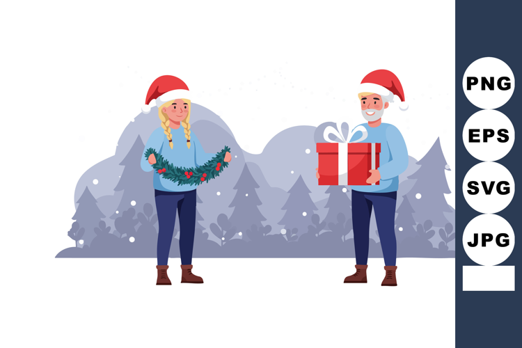 Elderly couple celebrating Christmas with gift and garland i