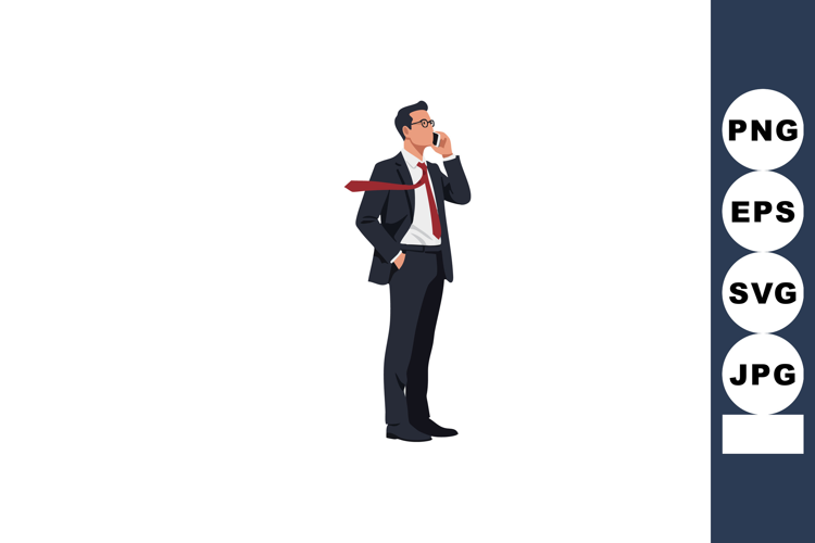 Businessman in black suit standing and talking on phone prof