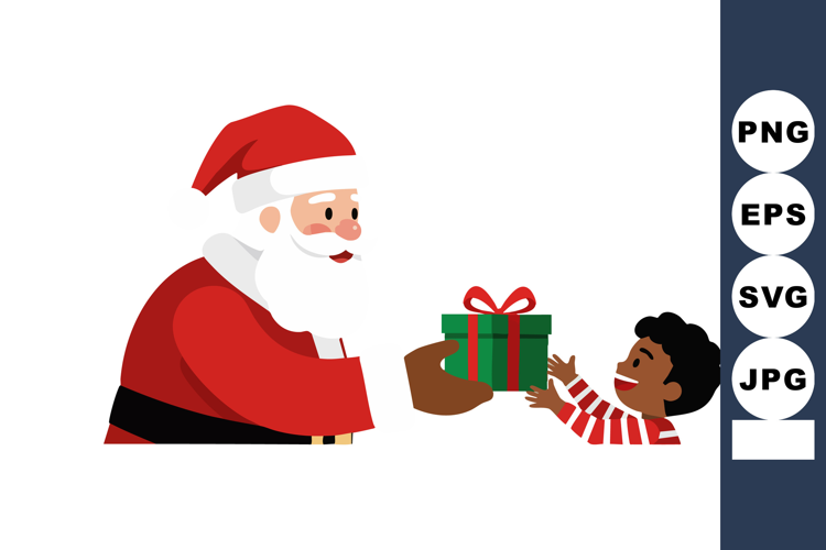 Santa Claus giving Christmas gift to child in festive red an