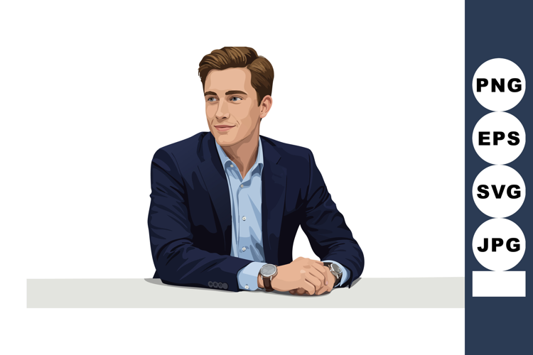Businessman Wearing Blue Suit Sitting at Desk Vector Illustr