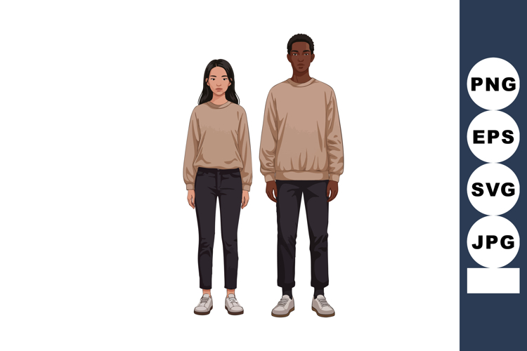 Young man and woman standing side by side in casual clothing