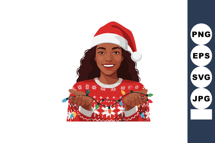 Woman Wearing Santa Hat Holding Christmas Lights Red Sweater