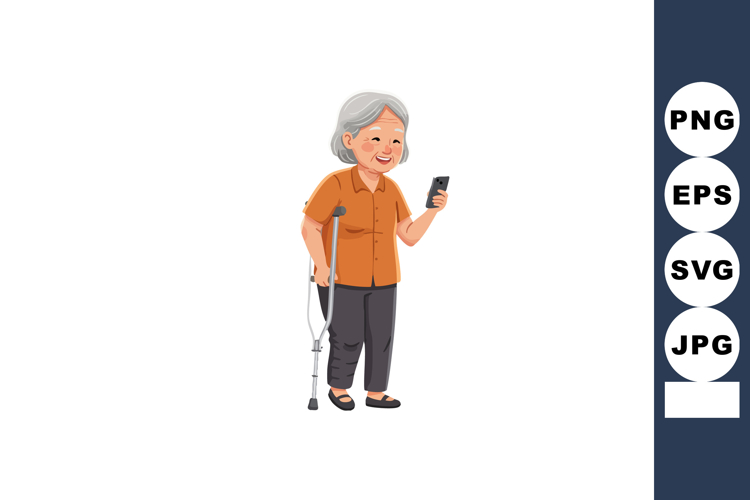 Elderly woman using smartphone with crutches in casual cloth