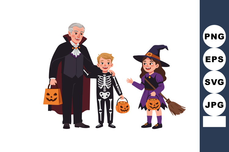 Children and adult in Halloween costumes with pumpkin bucket