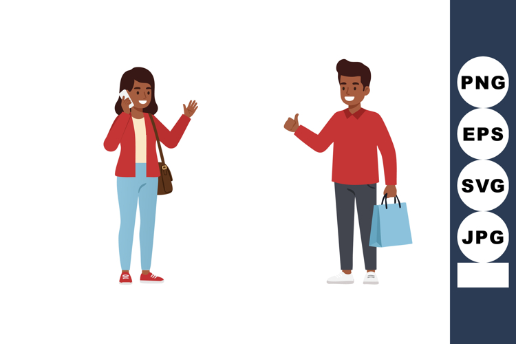 Young man and woman interacting with phone and shopping bag