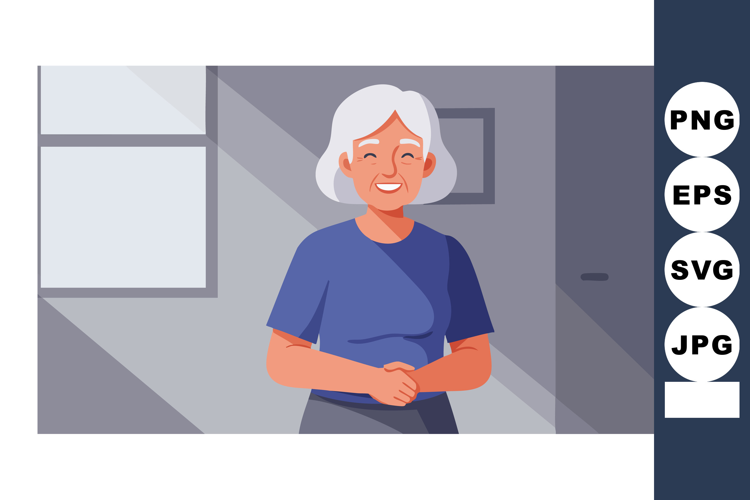 Elderly woman smiling indoors with sunlight and shadows on w