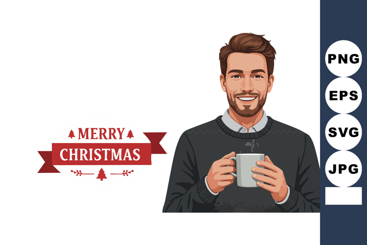 Man Holding Mug with Merry Christmas Greeting in Festive Win