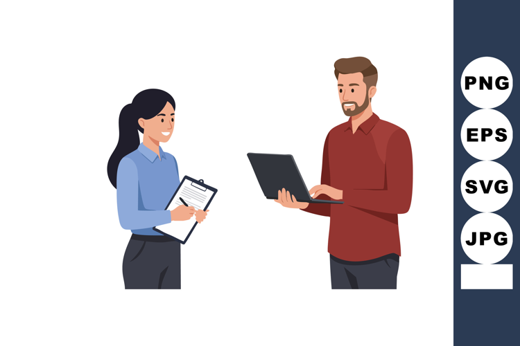 Two professionals discussing work with laptop and clipboard