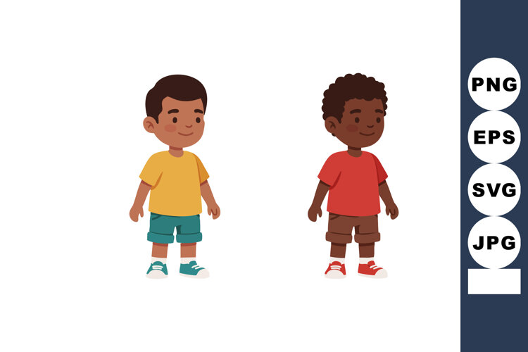 Two smiling boys wearing casual summer clothes standing side example image 1
