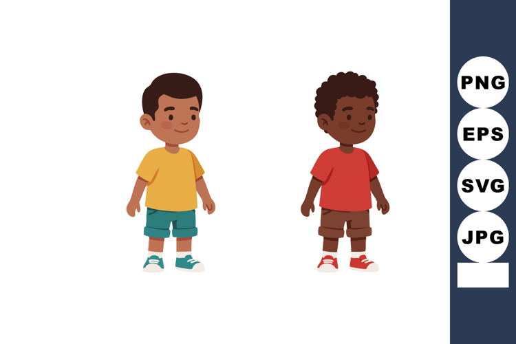 Two smiling boys wearing casual summer clothes standing side