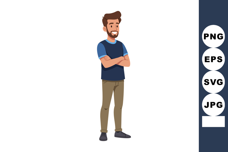 Young man standing with crossed arms casual outfit beard hai