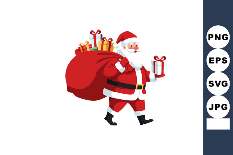 Santa Claus carrying large sack full of gifts holding wrappe