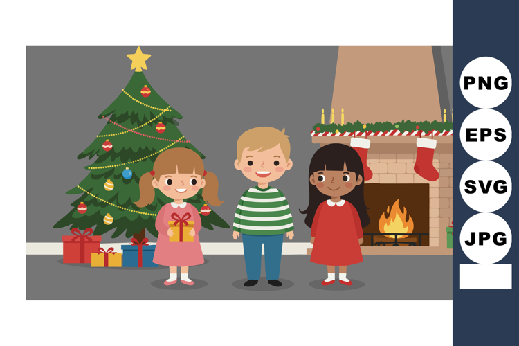 Children celebrating Christmas with decorated tree and firep