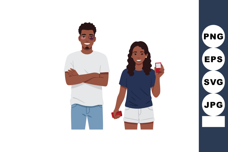 Young couple holding red gift box and smiling in casual clot