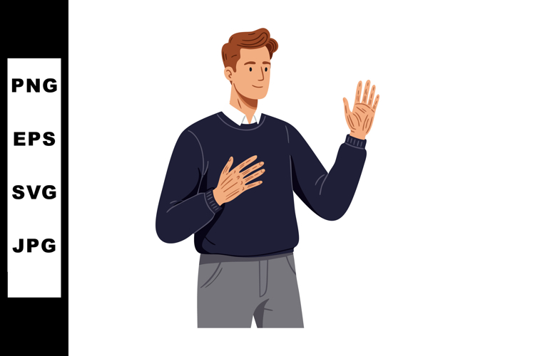Man wearing navy sweater gesturing with hands in casual pose