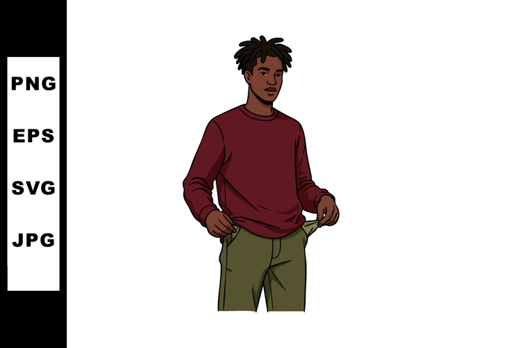 Young man showing empty pockets wearing red sweater and gree