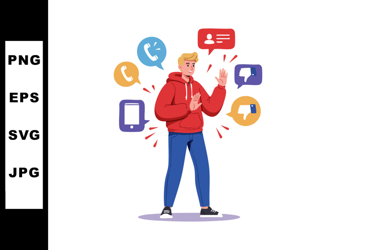 Young man in red hoodie surrounded by social media interacti