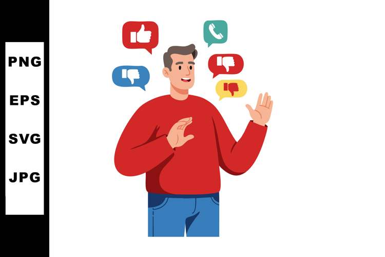 Man with social media reaction icons expressing opinions in