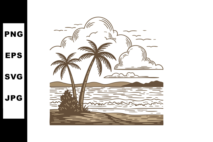 Tropical beach landscape with palm trees and ocean waves nat