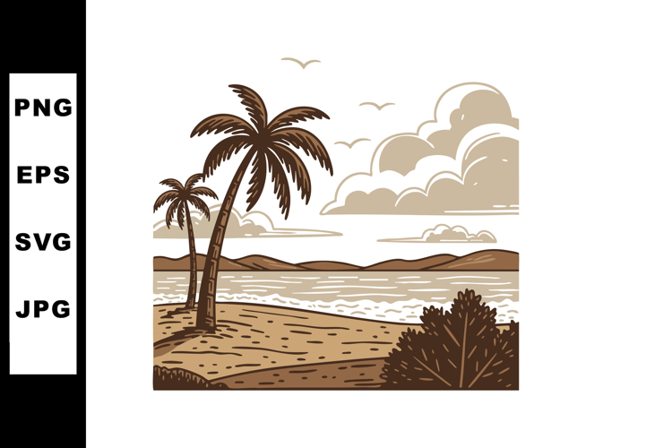 Tropical beach landscape with palm trees and birds in brown