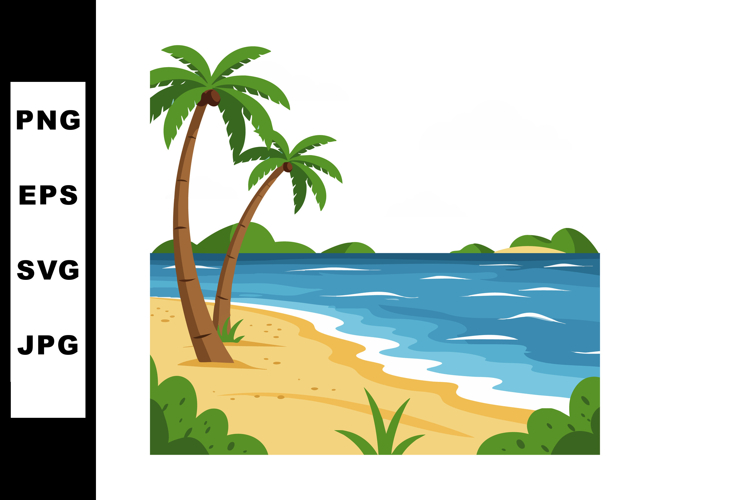 Tropical beach scene with palm trees and ocean waves in summ