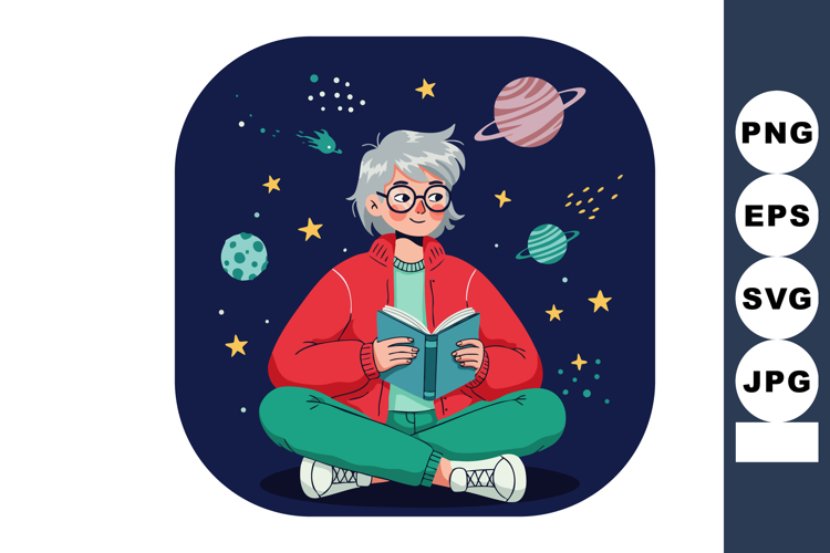 Young person reading book with planets and stars in space ba