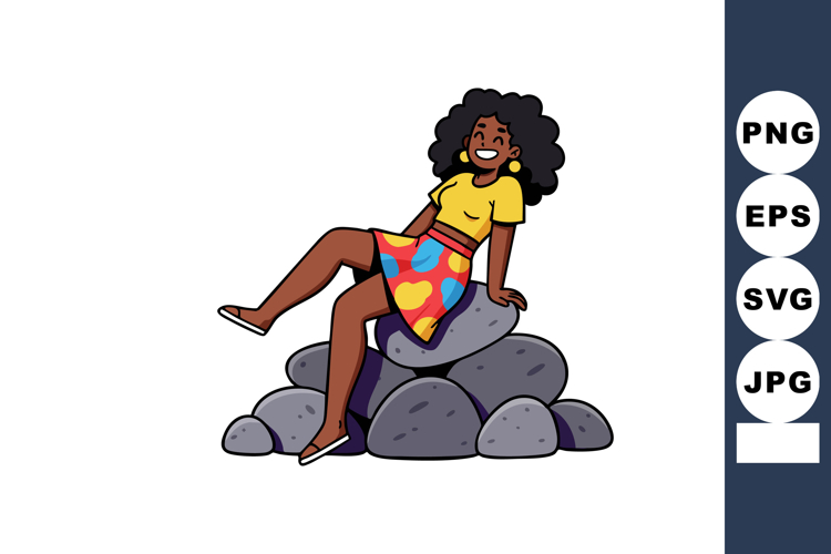 Young woman sitting on pile of rocks smiling in colorful ski