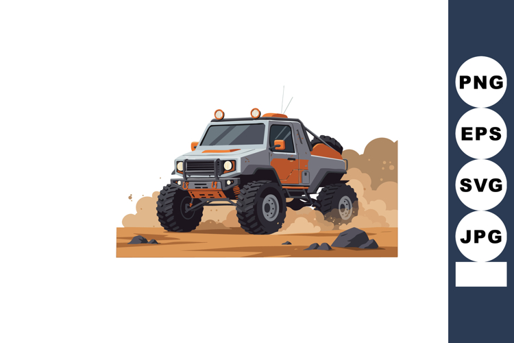 Off-road truck driving on dirt terrain with dust and rocks v