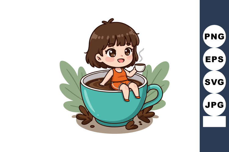 Cute girl relaxing in large blue coffee cup with coffee bean