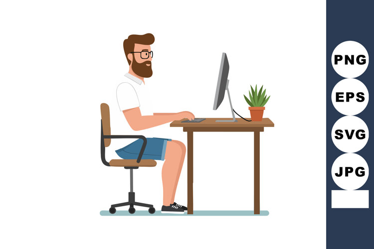 Bearded man working on computer at desk with plant in modern example image 1