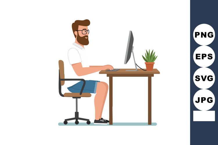 Bearded man working on computer at desk with plant in modern