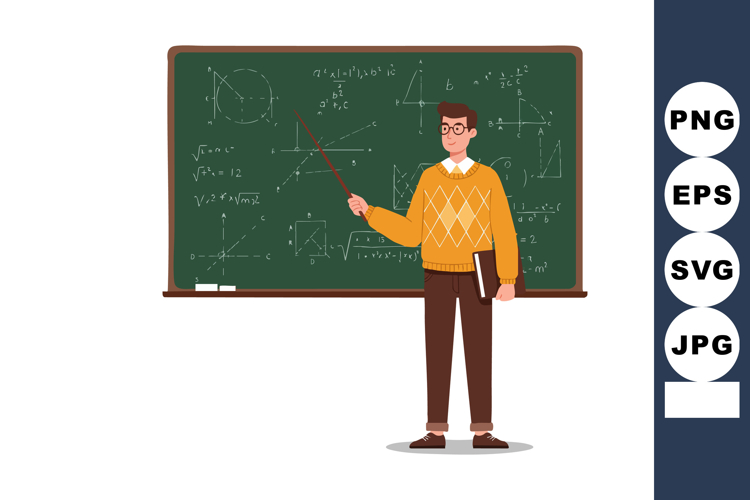 Male teacher explaining mathematical formulas on green chalk