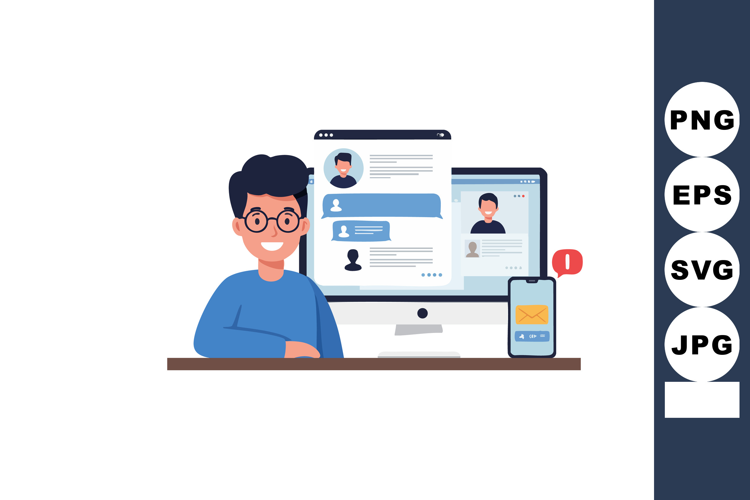 Young man using computer and smartphone for messaging and so