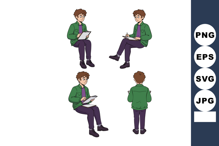 Young man sketching on paper in various sitting and standing