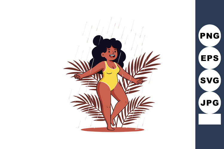 Woman in yellow swimsuit dancing in rain with tropical leave