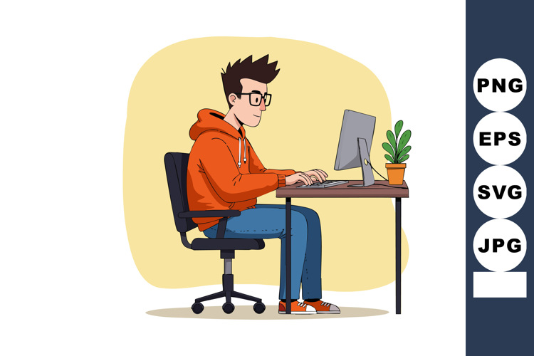 Young man working on computer in orange hoodie sitting at de