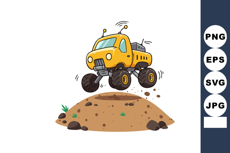 Yellow monster truck jumping over dirt hill with rocks and g